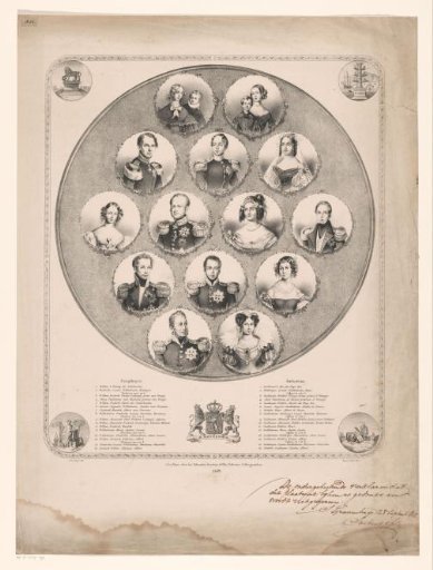 Portraits of King William I, his wife Wilhelmina of Prussia, and their children and grandchildren