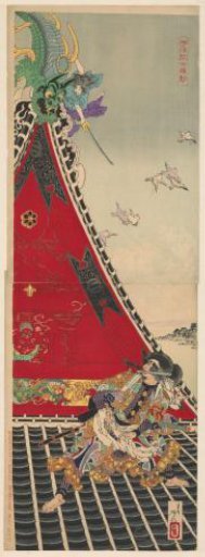 Fight on the roof between the two rivals Genpachi and Shino on the Hóryûkaku