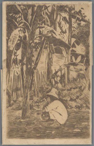 Crouching boy in a garden, Buitenzorg