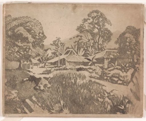 Houses in the kampong with the volcanoes Salak and Gedeh in the background, Buitenzorg