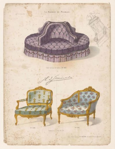 Round Bench and Two Armchairs