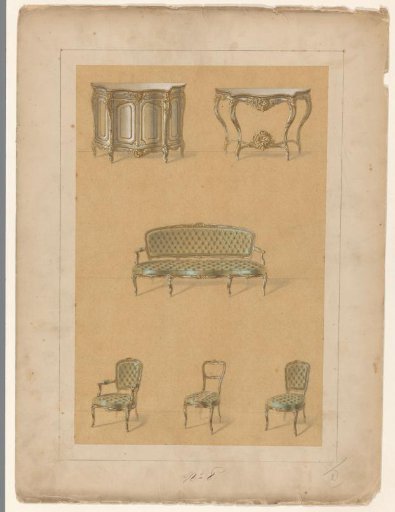 Cabinet, console table, sofa, armchair, and chairs
