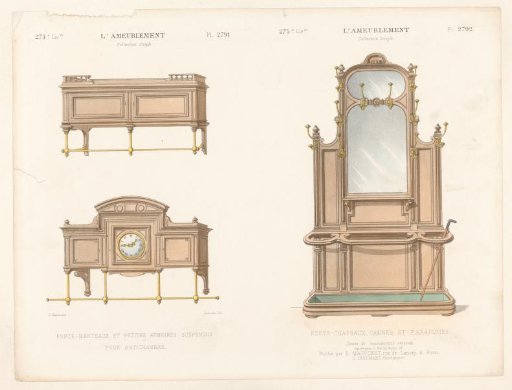 Two coat racks and furniture with mirror and coat racks