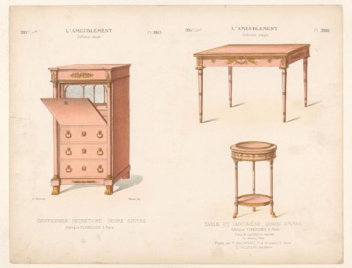 Secretary, table and jardinière
