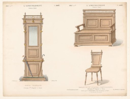 Furniture with mirror and coat racks, bench and chair