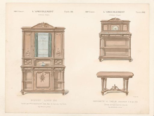 Buffet cabinet, cabinet, and table