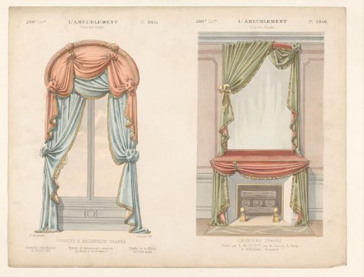 Window with curtains and chimneypiece with draperies