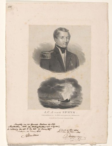 Portrait of Jan Carel Josephus van Speyk and the moment his boat explodes