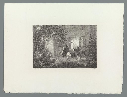 Two Riders with a Young Lady in the Doorway: Night Scene