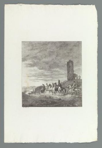 Soldiers on horseback passing the ruin of a tower
