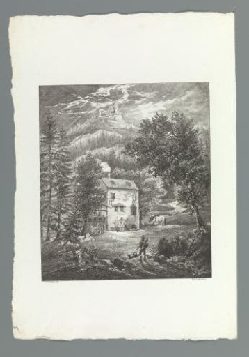 A Hunter with Dogs at a House in the Mountains