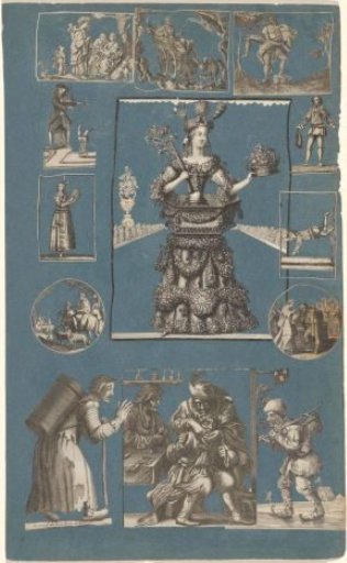 Collage of cut-out prints pasted on an album page of blue paper
