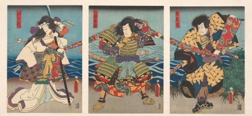 Three kabuki actors pulling a red banner