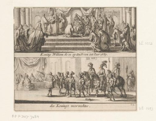 William III on the throne and the ceremony with the royal champion, 1689