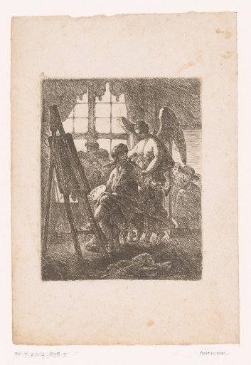 Painter blowing on the horn that Fame offers him