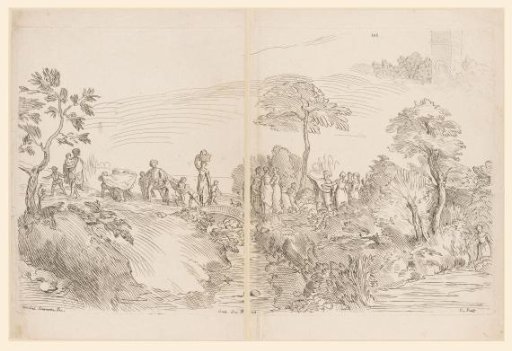 Procession in a landscape with a bridge