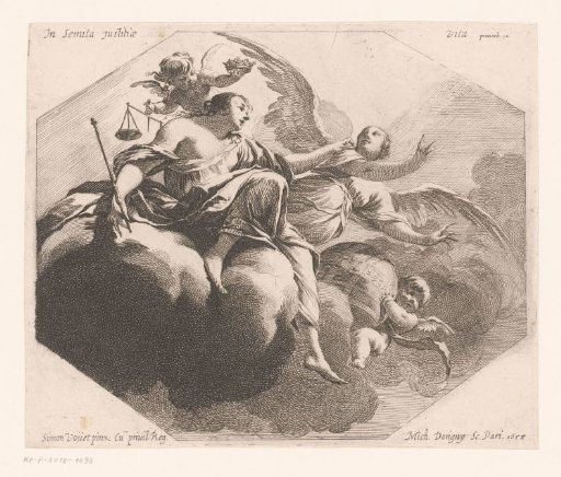 Justitia with an angel on a cloud