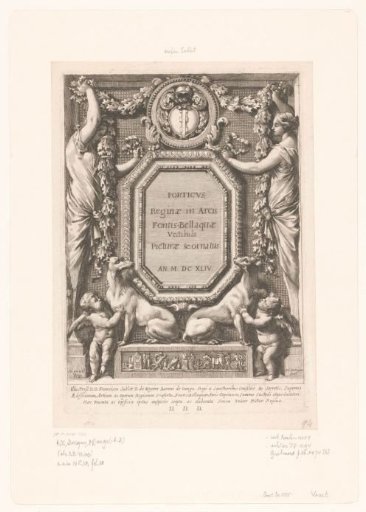 Title print with caryatids, putti, and dogs in a frame