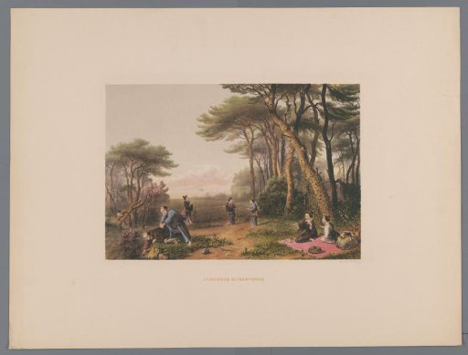 Japanese men and women searching for mushrooms