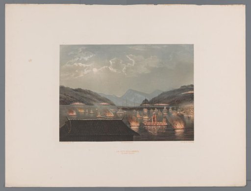 View of a bay in Japan with burning and lantern-lit ships