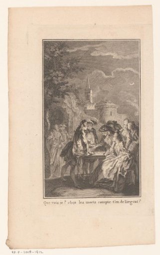 Scene from L'Illusion comique with Figures Around a Table Outdoors at Night