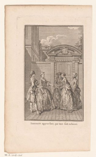 Scene from La Suivante with three women and two men before a gate