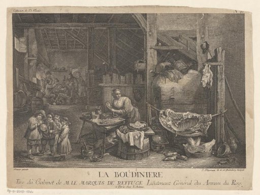 Woman Making Sausages in a Kitchen, with a Drinking Group in the Background