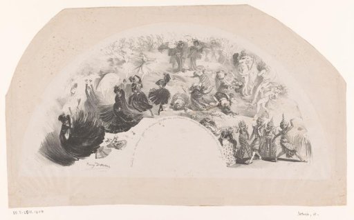Fan-shaped print with dancers in various costumes