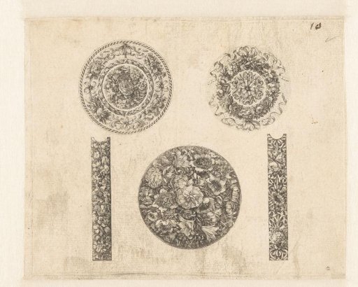 Three medallions and two bands with ornamental flowers