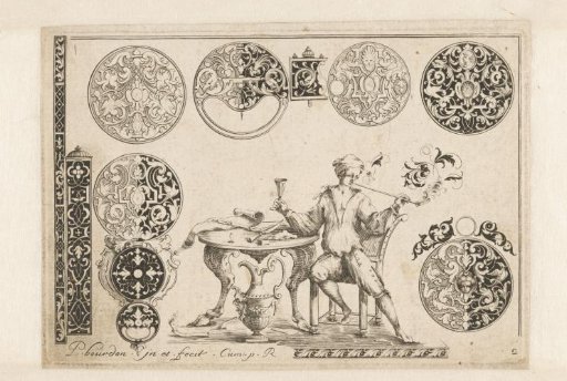 Designs for clock cases around a pipe-smoking man