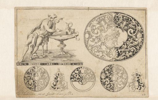 Designs for clock cases around a pipe-smoking man