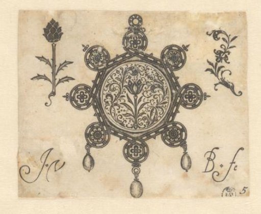 Black ornament with dense, fine leafy scrolls and flowers