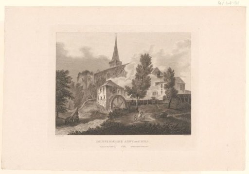 View of Dunfermline Abbey and a watermill