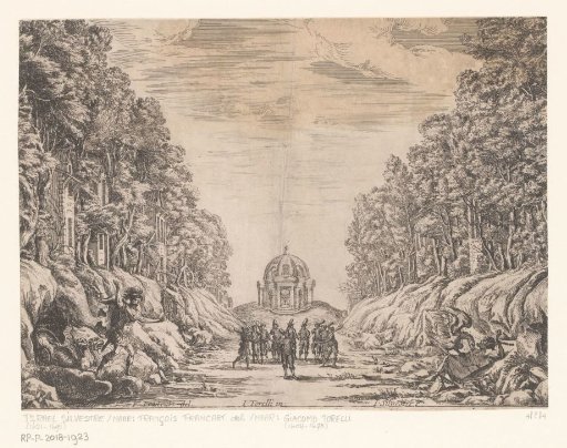 Stage set with a temple and a group of dancers in front