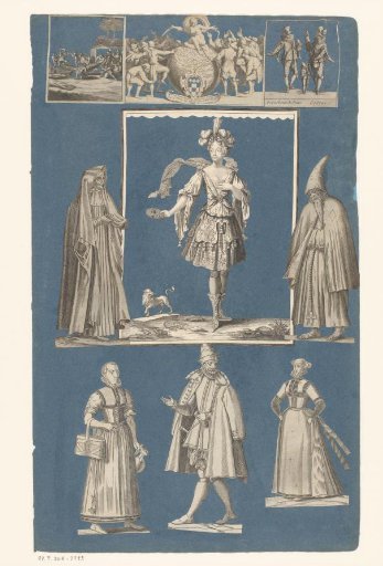 Collage of cut-out prints pasted on a blue album page