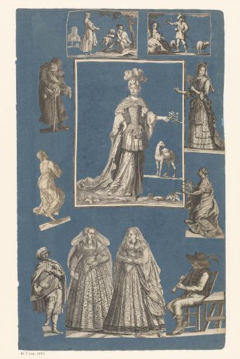 Collage of cut-out prints pasted on a blue paper album page