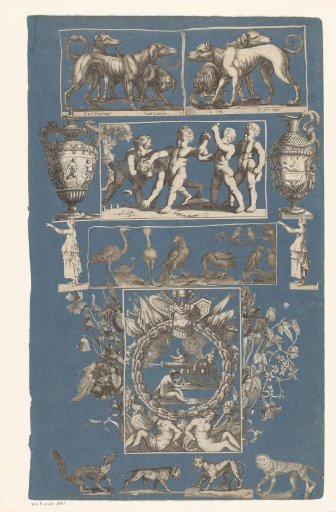 Collage of cut-out prints pasted on a blue album page