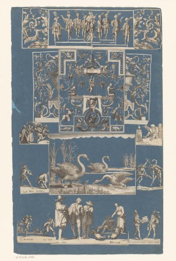 Collage of cut-out prints pasted on a blue album page