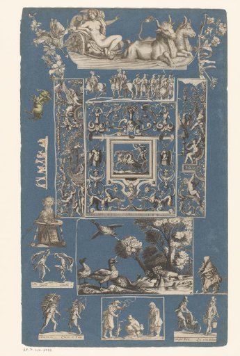 Collage of cut-out prints pasted on a blue album page