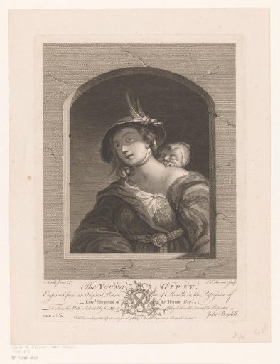 Young Roma or Sinti woman with a child on her back, in a stone window frame