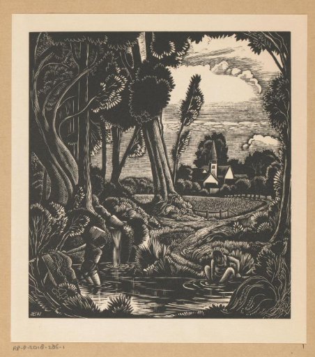 Design for a calendar page with two bathing figures in a landscape with a church