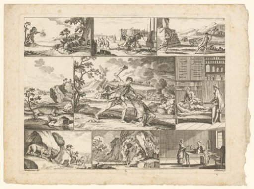 Cain kills Abel, surrounded by various representations