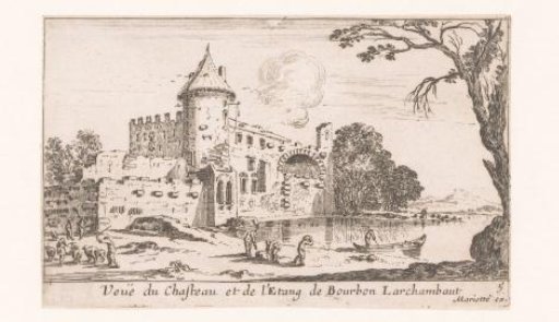 View of the castle of Bourbon l'Archambault with a pond