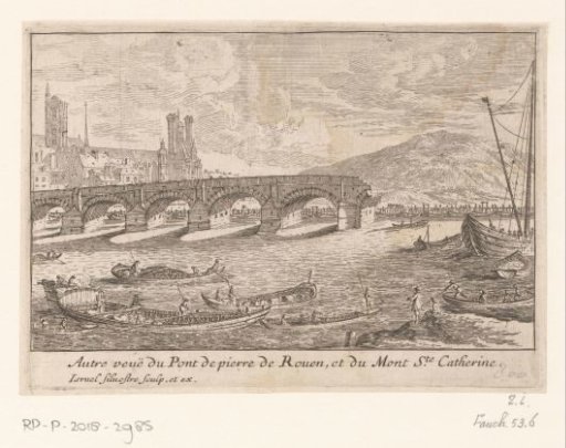Gezicht op een ingestorte stenen boogbrug te Rouen