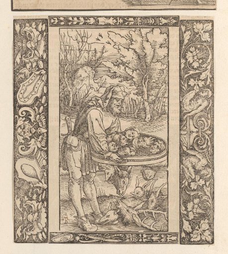Landscape with a man holding a basket full of human and animal heads