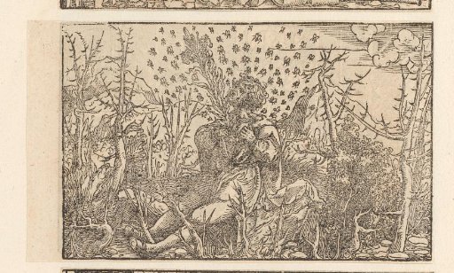 Man with a Lily on His Chest Surrounded by a Swarm of Bees and Seated Among Thorny Plants
