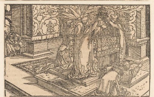 Angel and Kneeling Monk Praying at the Altar Where a Priest Consecrates the Host
