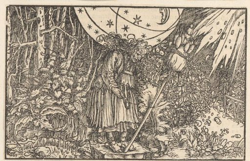 Woman with a spinning wheel in a forest and a vaulted sky
