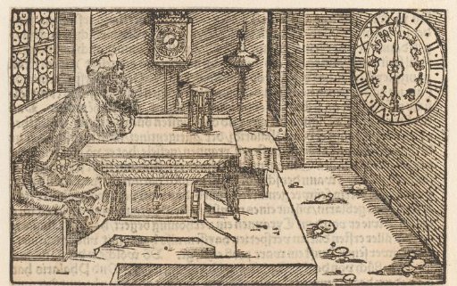 Old man looking with his head in his hands at an hourglass and wall clocks