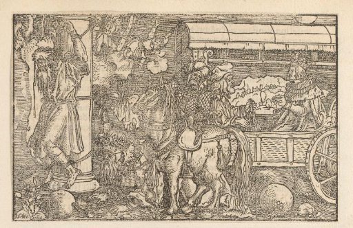 Man bound to a pillar, a man on horseback, and a bound ruler in a carriage